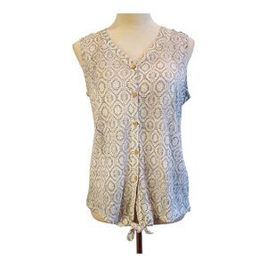 ARTISAN NY SZ M 100% Linen Sleeveless Button Front Stretch Black & White Top